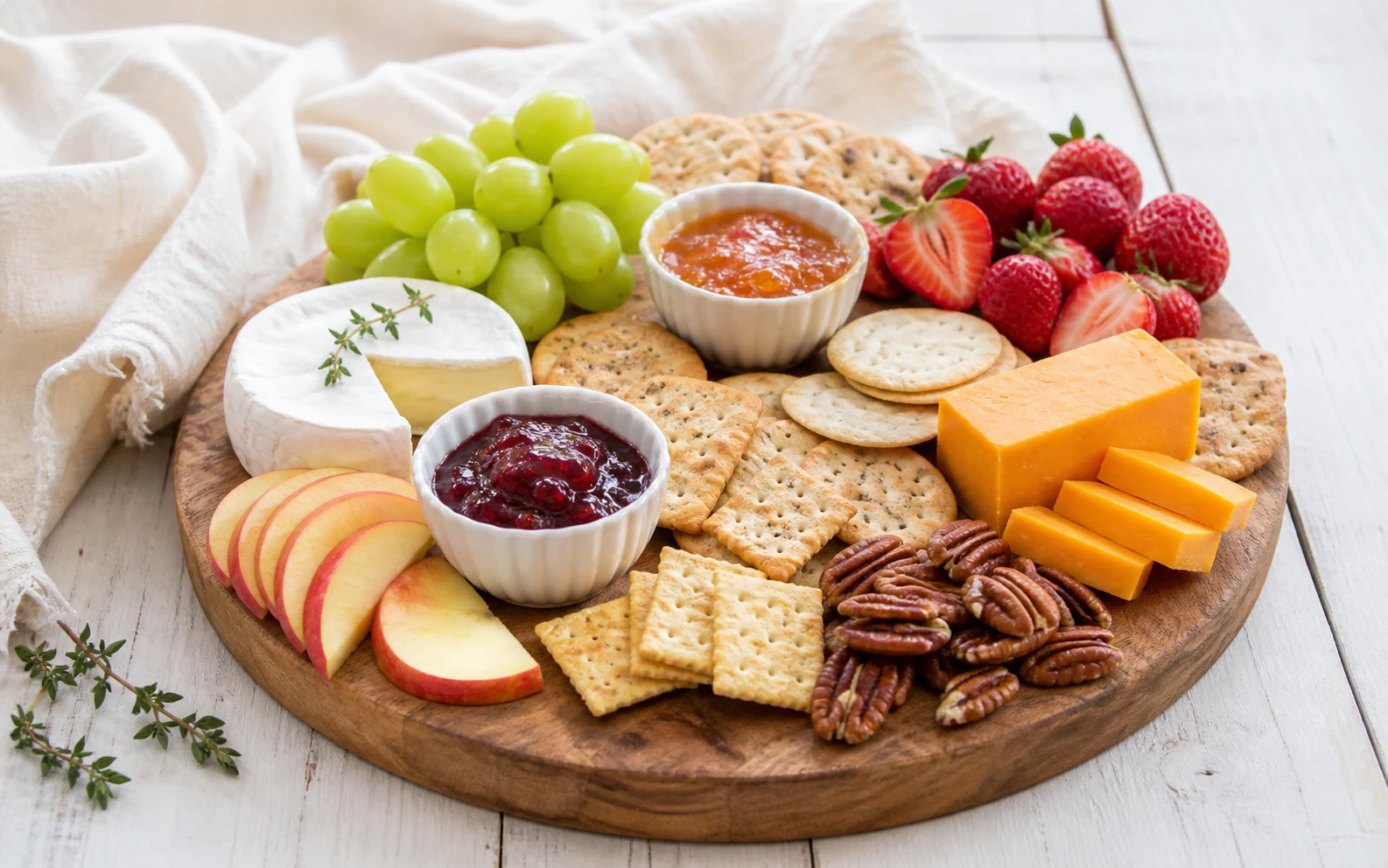 Cheeseboard with crackers, fruit, brie, cheddar and small bowls of jam