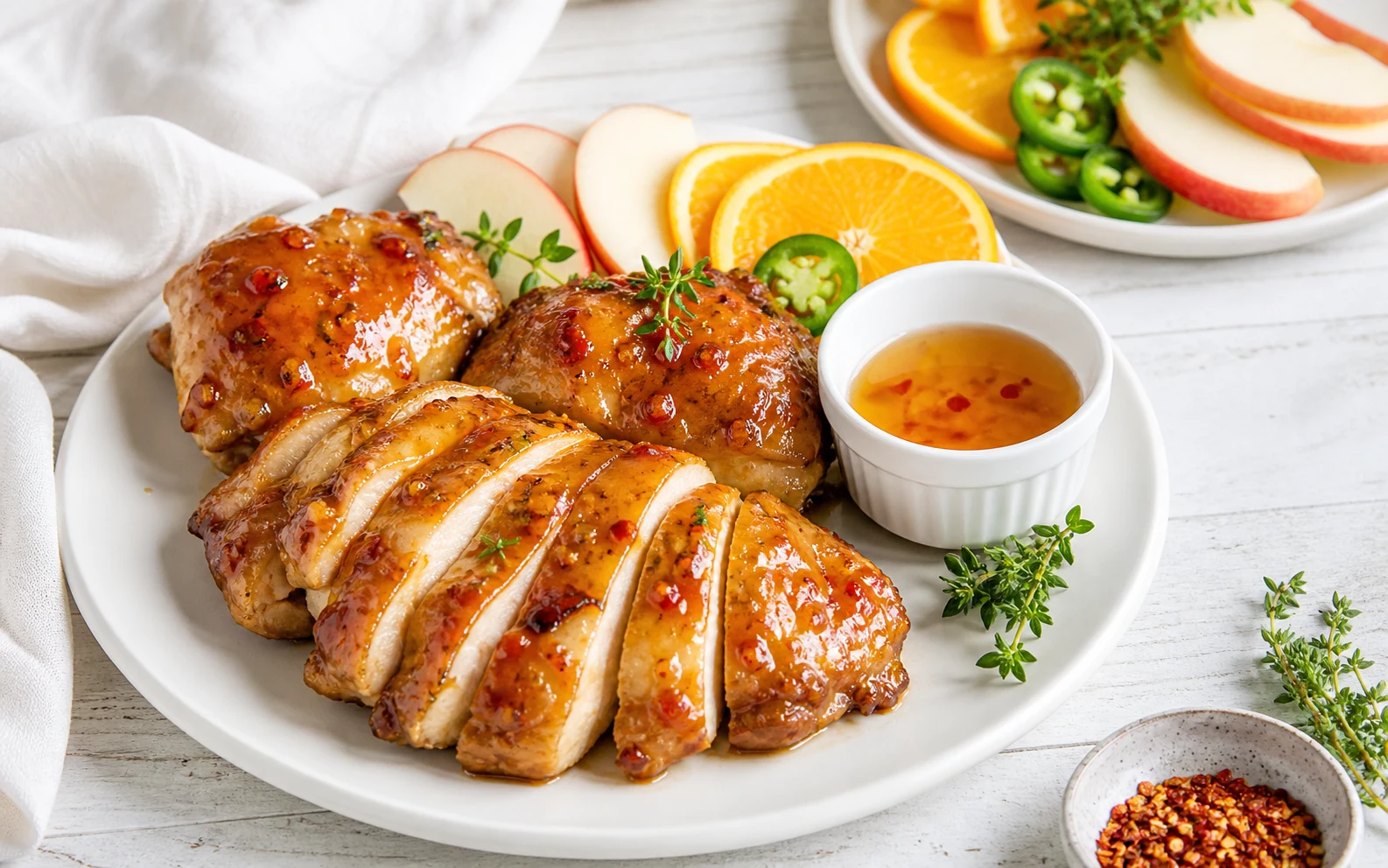 Jam-glazed chicken with citrus, apple slices and pepper jelly glaze
