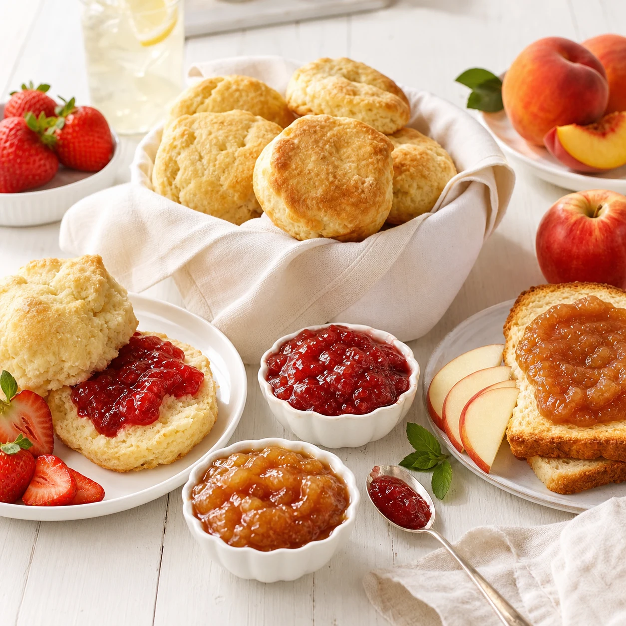 Biscuits, toast, fruit, jam and apple butter on a bright kitchen table